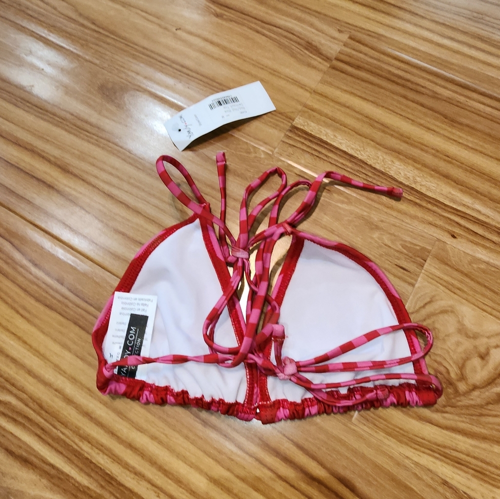 NWT Yandy Micro Bikini Thong Set Vertical Pink Red Stripe Strappy Sides Size M - Picture 5 of 6